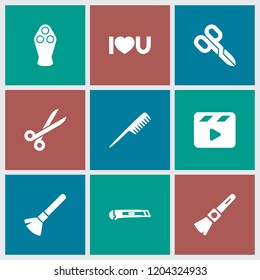 Cut icon. collection of 9 cut filled icons such as comb, shaving brush, i love you, movie clapper, cutter, electric razor. editable cut icons for web and mobile.