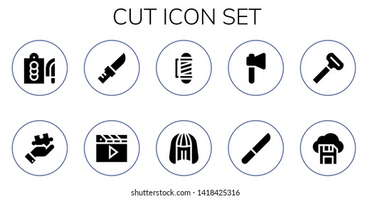 cut icon set. 10 filled cut icons.  Collection Of - Cutting board, Puzzle, Knife, Clapper, Barber, Wig, Axe, Razor, Diskette