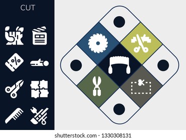 cut icon set. 13 filled cut icons.  Collection Of - Saw, Comb, Cutter, Scissors, Puzzle, Coupon, Wood, Log, Clapperboard
