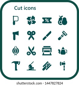 cut icon set. 16 filled cut icons.  Collection Of - Saw, Puzzle, Coupon, Avocado, Axe, Scissors, Knife, Razor, Onion, Guillotine, Teapot, Cutting board, Ax