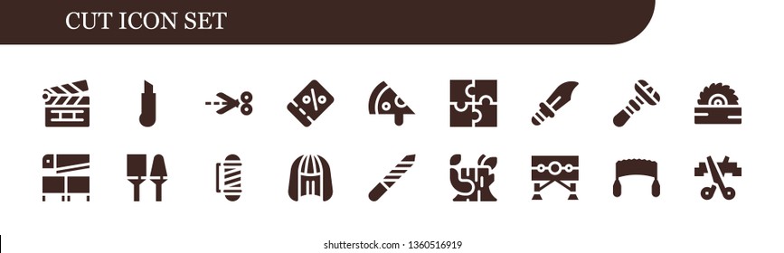 cut icon set. 18 filled cut icons.  Collection Of - Clapperboard, Cutter, Scissors, Coupon, Pizza, Puzzle, Dagger, Razor, Saw, Utensils, Barber, Wig, Nail file, Log, Guillotine