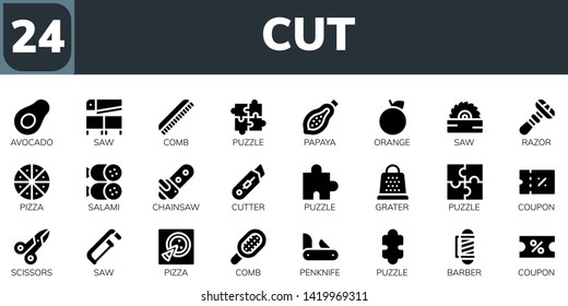 cut icon set. 24 filled cut icons.  Collection Of - Avocado, Saw, Comb, Puzzle, Papaya, Orange, Razor, Pizza, Salami, Chainsaw, Cutter, Grater, Coupon, Scissors, Penknife, Barber