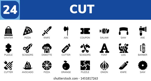 cut icon set. 24 filled cut icons.  Collection Of - Grater, Pizza, Knife, Axe, Coupon, Salami, Saw, Puzzle, Scissors, Diskette, Cutter, Font, Log, Barber, Avocado, Orange, Onion