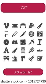 cut icon set. 25 filled cut icons.  Simple modern icons about  - Vimeo, Coupon, Saw, Pizza, Knife, Clapper, Trunk, Puzzle, Scythe, Italic, Font, Comb, Wood, Guillotine, Teapot