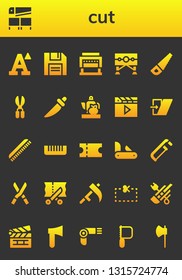 cut icon set. 26 filled cut icons.  Collection Of - Font, Saw, Diskette, Guillotine, Scissors, Knife, Teapot, Clapper, Shear, Comb, Coupon, Penknife, Shears, Scythe, Cutter, Clapperboard