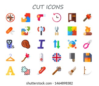 cut icon set. 30 flat cut icons.  Collection Of - no cut, puzzle, hairdryer, past, wardrobe, axe, knife, ax, scissors, firewood, electric shaver, meat, italic, sort, nail clippers