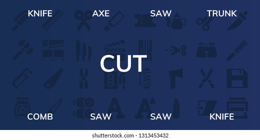 cut icon set. 32 filled cut icons. on blue background style Collection Of - Knife, Axe, Saw, Trunk, Comb, Scissors, Knives, Salami, Clapperboard, Cutting board, Font, Coupon, Wood
