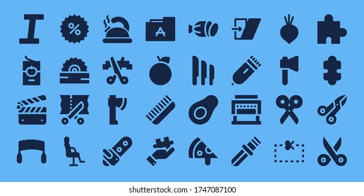 cut icon set. 32 filled cut icons. Included Italic, Tomato sauce, Clapperboard, Saw, Coupon, Scissors, Salon chair, Teapot, Axe, Chainsaw, Font, Orange, Comb, Puzzle, Salami icons