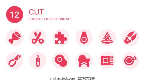 cut icon set. Collection of 12 filled cut icons included Ham leg, Scissors, Puzzle, Avocado, Pizza, Nail clippers, Cutter, Saw, Editor, Scissor