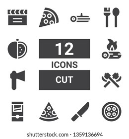 cut icon set. Collection of 12 filled cut icons included Pizza, Knife, Guillotine, Axe, Firewood, Utensils, Tomato, Clapperboard, Log