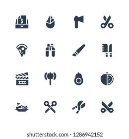 cut icon set. Collection of 16 filled cut icons included Scissors, Shears, Cucumber, Tomato, Avocado, Ax, Clapperboard, Knives, Cutter, Nail clippers, Pizza, Axe, Hand axe, Taxes