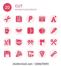 cut icon set. Collection of 20 filled cut icons included Cutters, Diskette, Cutter, Clapperboard, Font, Log, Melon, Puzzle, Tomato, Grooming, Saw, Axe, Scissors, Pizza, Shave