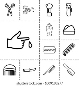 Cut icons. set of 13 editable outline cut icons such as barber scissors, comb, electric razor, shaving brush, gardening knife, injured finger, chef hat, razor