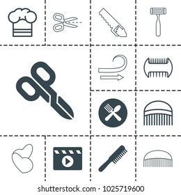 Cut icons. set of 13 editable filled and outline cut icons such as comb, spoon and fork, chef hat, manicure scissors, razor, curly hair, saw, scissors, movie clapper