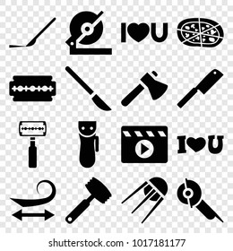 Cut icons. set of 16 editable filled cut icons such as electric razor, curly hair, axe, circular saw, electric saw, pizza, scalpel, i love you, butcher knife, knife, razor
