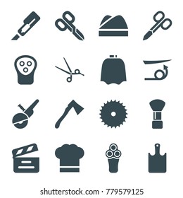 Cut icons. set of 16 editable filled cut icons such as electric razor, manicure scissors, shaving brush, hairdresser peignoir, straight hair, blade saw, cutter, axe