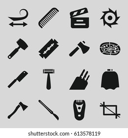 Cut icons set. set of 16 cut filled icons such as razor, comb, hairdresser peignoir, curly hair, electric razor, axe, pizza, movie clapper, scalpel, crop, butcher knife, knife