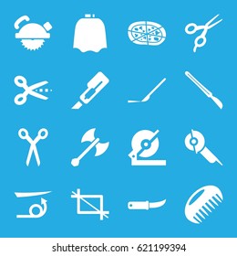 Cut icons set. set of 16 cut filled icons such as comb, barber scissors, hairdresser peignoir, straight hair, cutter, circular saw, saw blade, electric saw, pizza