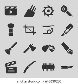 Cut icons set. set of 16 cut filled icons such as comb, shaving brush, straight hair, cutter, axe, saw, electric saw, gardening knife, i love you, movie clapper, crop, knife