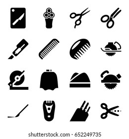 Cut icons set. set of 16 cut filled icons such as comb, electric razor, barber scissors, hairdresser peignoir, cutter, circular saw, saw blade, electric saw, scalpel, scissors