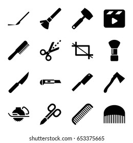 Cut icons set. set of 16 cut filled icons such as comb, manicure scissors, shaving brush, electric saw, cutter, axe, scalpel, movie clapper, scissors, crop, knife