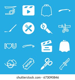 Cut icons set. set of 16 cut filled and outline icons such as razor, manicure scissors, hairdresser peignoir, electric saw, scalpel, spoon and fork, movie clapper