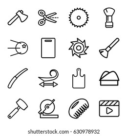 Cut icons set. set of 16 cut outline icons such as comb, shaving brush, curly hair, cutting board, blade saw, axe, circular saw, gardening knife, movie clapper, chef hat