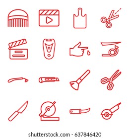 Cut icons set. set of 16 cut outline icons such as razor, comb, shaving brush, straight hair, electric razor, circular saw, electric saw, gardening knife, movie clapper