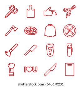 Cut icons set. set of 16 cut outline icons such as electric razor, manicure scissors, barber scissors, shaving brush, hairdresser peignoir, cutting board, pizza