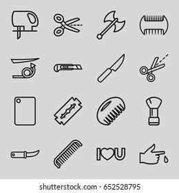 Cut icons set. set of 16 cut outline icons such as comb, razor, shaving brush, straight hair, electric saw, cutter, gardening knife, i love you, scissors, injured finger