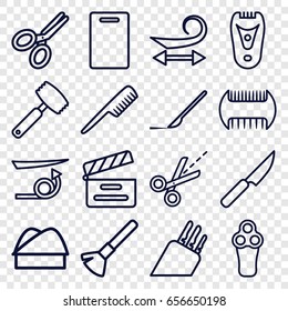 Cut icons set. set of 16 cut outline icons such as comb, electric razor, shaving brush, curly hair, straight hair, cutting board, scalpel, movie clapper, scissors, chef hat