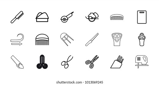 Cut icons. set of 18 editable outline cut icons: comb, electric razor, manicure scissors, cutting board, electric saw, scissors, chef hat, knife, curly hair, saw