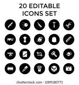 Cut icons. set of 20 editable filled cut icons such as comb, shaving brush, cutter, electric saw, clapper board, core, i love you. best quality cut elements in trendy style.