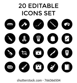 Cut icons. set of 20 editable filled cut icons such as electric razor, axe, clapper board, pizza, scalpel, i love you, movie clapper, crop, chopping board and knife, knife
