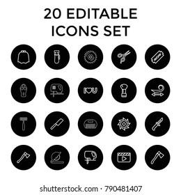Cut icons. set of 20 editable outline cut icons such as razor, electric razor, barber scissors, shaving brush, hairdresser peignoir. best quality cut elements in trendy style.