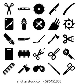 cut icons set. Set of 25 cut filled icons such as barber scissors, comb, electric razor, manicure scissors, cutting board, blade saw, axe, saw, electric saw, gardening knife