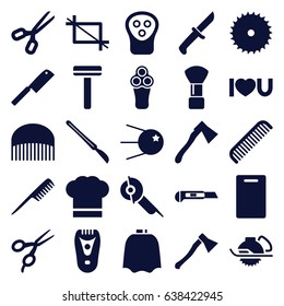 Cut icons set. set of 25 cut filled icons such as comb, electric razor, barber scissors, shaving brush, razor, hairdresser peignoir, cutting board, blade saw, electric saw
