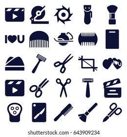 Cut icons set. set of 25 cut filled icons such as barber scissors, comb, razor, electric razor, manicure scissors, shaving brush, cutting board, circular saw, electric saw