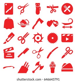 Cut icons set. set of 25 cut filled icons such as electric razor, razor, manicure scissors, barber scissors, hairdresser peignoir, curly hair, blade saw, cutter, electric saw