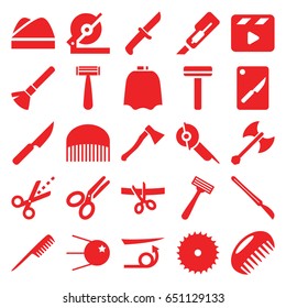 Cut icons set. set of 25 cut filled icons such as comb, razor, shaving brush, hairdresser peignoir, straight hair, blade saw, cutter, circular saw, electric saw, movie clapper