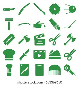 Cut icons set. set of 25 cut filled icons such as razor, comb, shaving brush, cutting board, blade saw, axe, saw, electric saw, gardening knife, scalpel, movie clapper