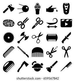 Cut icons set. set of 25 cut filled icons such as comb, barber scissors, electric razor, manicure scissors, shaving brush, curly hair, blade saw, axe, saw blade, pizza