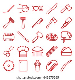 Cut icons set. set of 25 cut outline icons such as comb, razor, electric razor, manicure scissors, blade saw, cutter, axe, electric saw, pizza, gardening knife, scalpel