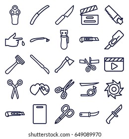 Cut icons set. set of 25 cut outline icons such as barber scissors, electric razor, razor, manicure scissors, straight hair, cutting board, cutter, saw, gardening knife