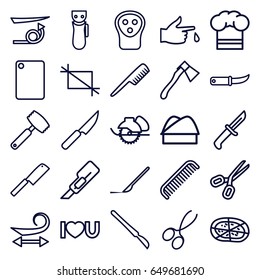 Cut icons set. set of 25 cut outline icons such as comb, electric razor, curly hair, straight hair, manicure scissors, cutter, electric saw, pizza, gardening knife, axe