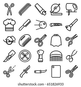 Cut icons set. set of 25 cut outline icons such as comb, barber scissors, shaving brush, hairdresser peignoir, manicure scissors, cutter, circular saw, saw, electric saw