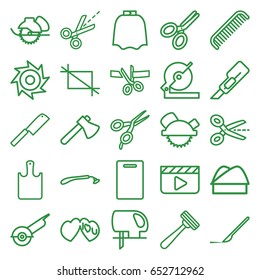 Cut icons set. set of 25 cut outline icons such as comb, razor, barber scissors, hairdresser peignoir, cutting board, cutter, axe, circular saw, saw blade, scalpel, i love you