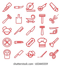 Cut icons set. set of 25 cut outline icons such as comb, razor, shaving brush, curly hair, straight hair, electric razor, cutter, circular saw, saw blade, gardening knife