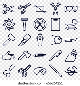 Cut icons set. set of 25 cut outline icons such as barber scissors, comb, razor, electric razor, curly hair, manicure scissors, cutting board, cutter, axe, electric saw