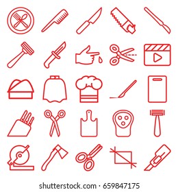 Cut icons set. set of 25 cut outline icons such as barber scissors, comb, razor, hairdresser peignoir, electric razor, cutting board, cutter, circular saw, saw, axe, scalpel